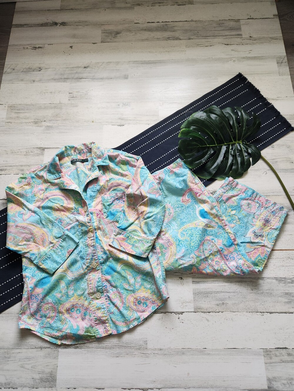 Ralph Lauren Paisley Print Pajama Set Top And Pants Blue Pink Size Medium